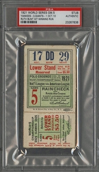 1921 World Series Game 5 Yankees vs Giants Ticket Stub - "Ruth Bunt Hit Winning Run" - PSA Authentic (Babe Ruth W.S. Number 4 of 10)